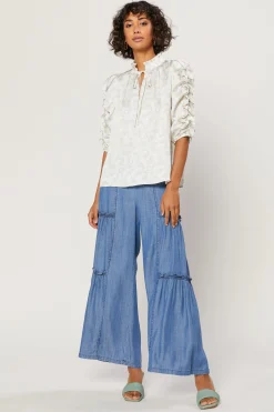 Current Air Long Sleeve Tops-Ruffled Sleeve Jacquard Top IVORY