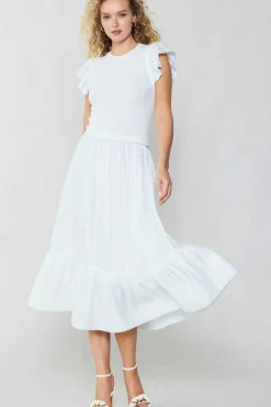Current Air Knitwear | Midi Dresses-Ruffled Sleeve Sweater Dress WHITE