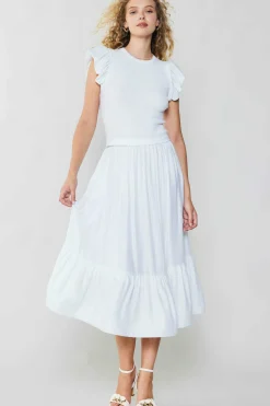 Current Air Knitwear | Midi Dresses-Ruffled Sleeve Sweater Dress WHITE