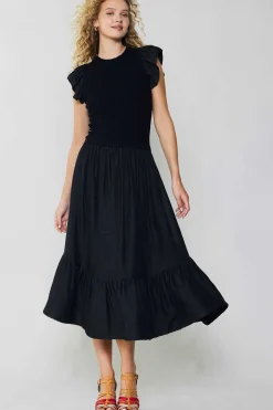 Current Air Midi Dresses-Ruffled Sleeve Sweater Dress BLACK