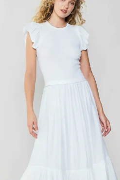 Current Air Knitwear | Midi Dresses-Ruffled Sleeve Sweater Dress WHITE