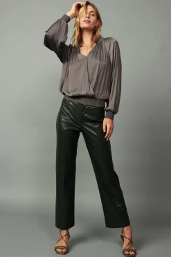 Current Air Long Sleeve Tops-Ruffled Surplice Blouse TAUPEGREY