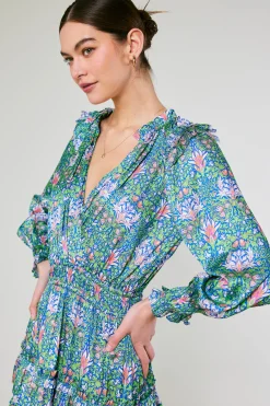 Current Air Mini Dresses-Ruffled Surplice Floral Mini Dress GREEN
