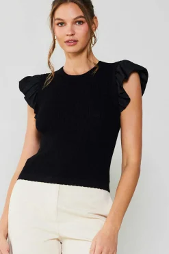 Current Air Knitwear | Sleeveless Tops-Ruffled Sweater Knit Tank BLACK