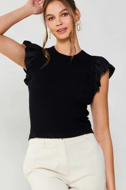 Current Air Knitwear | Sleeveless Tops-Ruffled Sweater Knit Tank BLACK