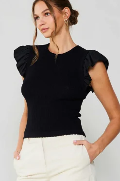 Current Air Knitwear | Sleeveless Tops-Ruffled Sweater Knit Tank BLACK