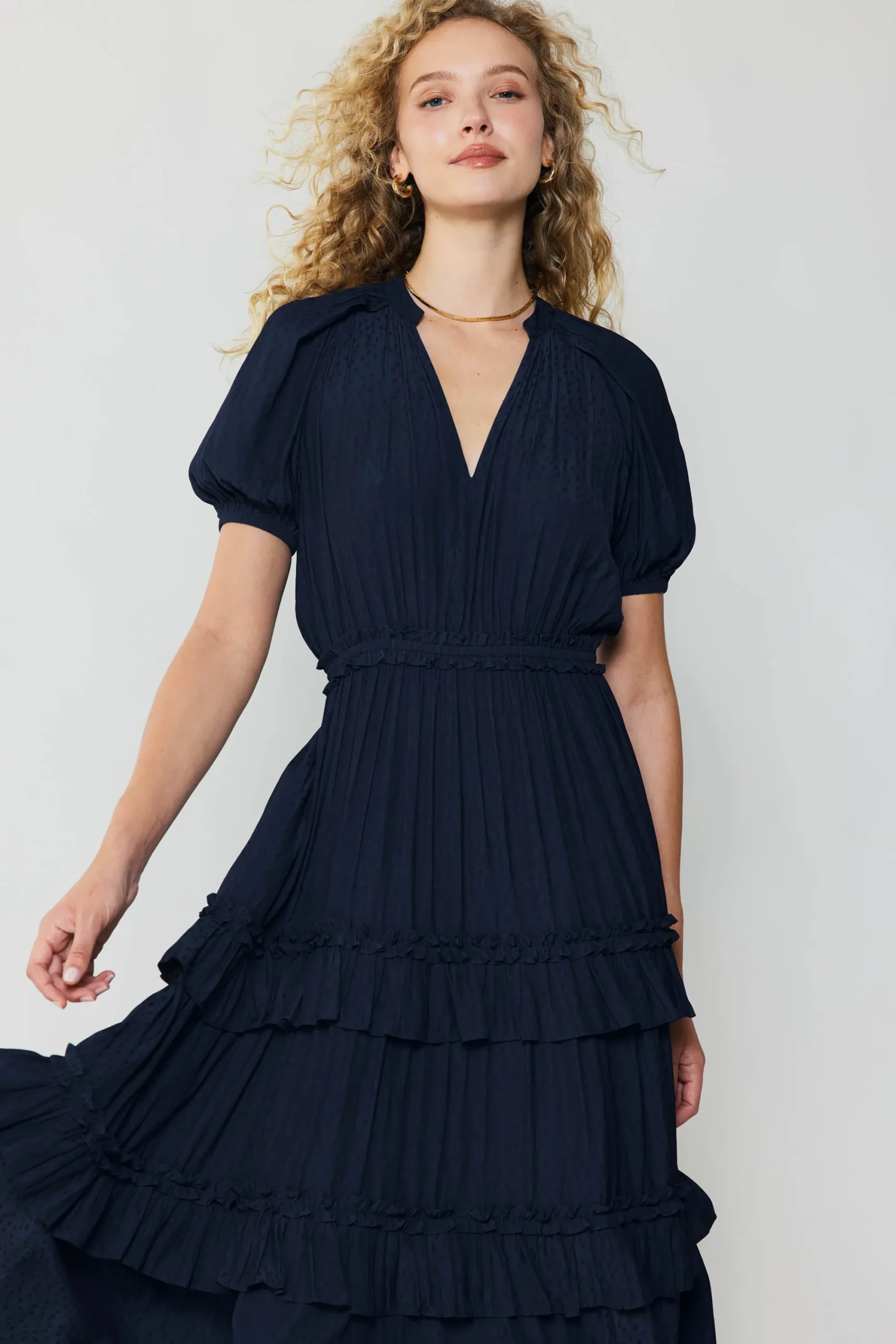 Current Air Maxi Dresses-Ruffled Tiered Maxi Dress NAVY