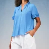 Current Air Short Sleeve Tops-Ruffled Trim Blouse FADEDBLUE