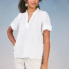 Current Air Short Sleeve Tops-Ruffled Trim Blouse WHITE