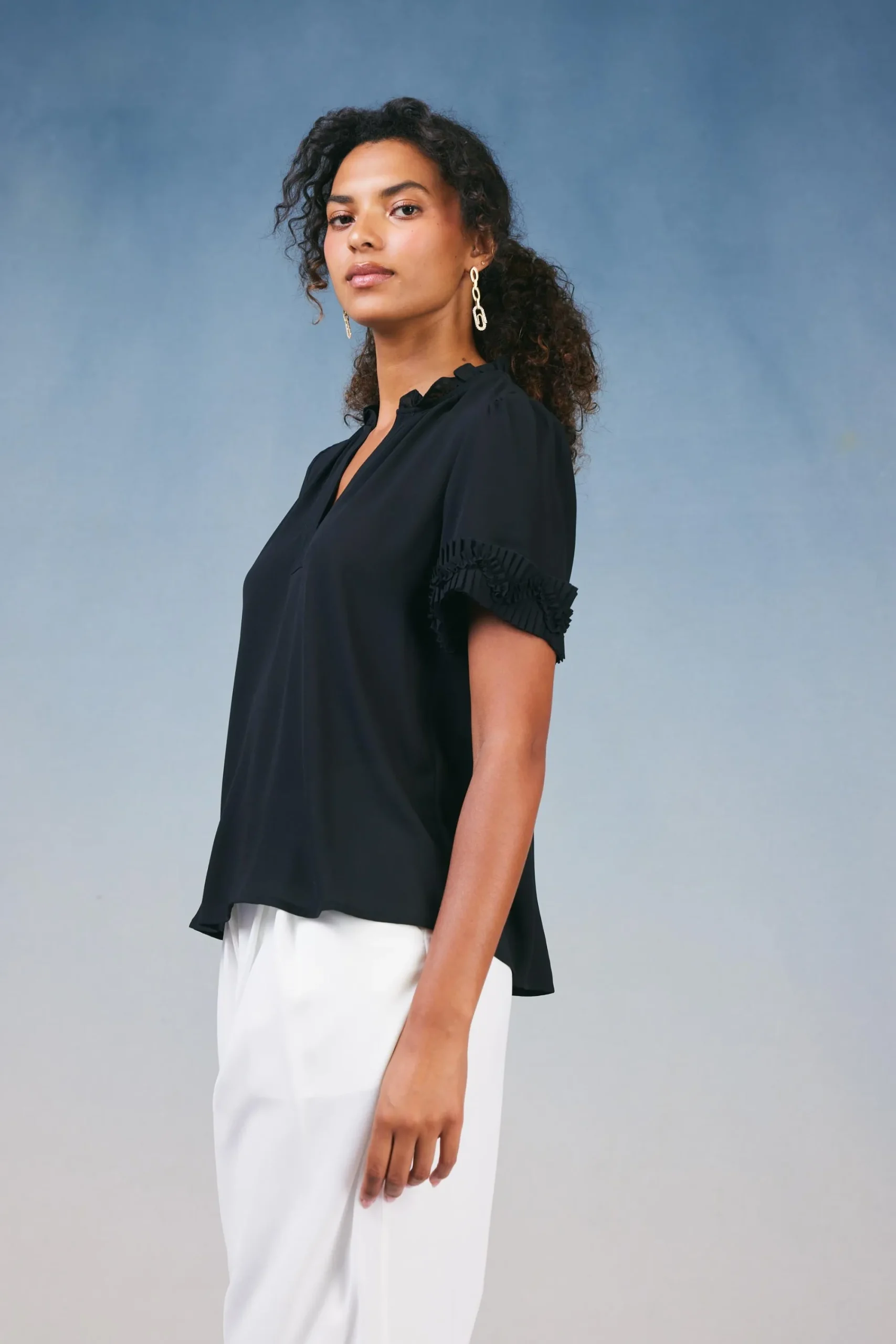 Current Air Short Sleeve Tops-Ruffled Trim Blouse BLACK