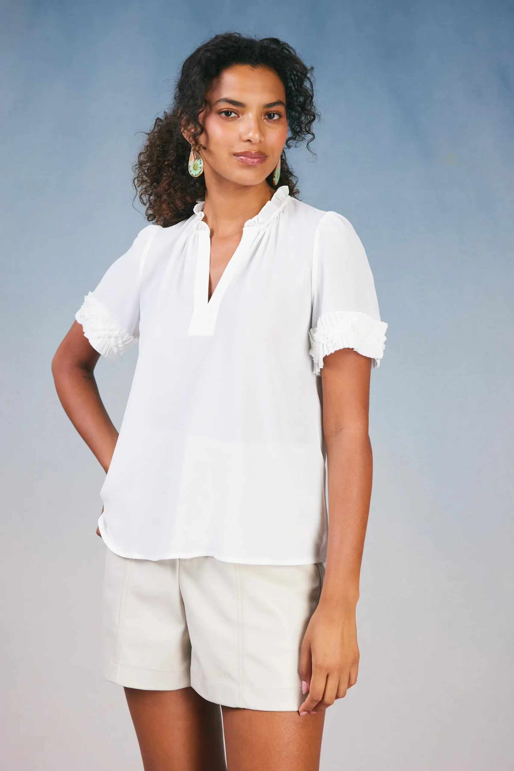 Current Air Short Sleeve Tops-Ruffled Trim Blouse WHITE