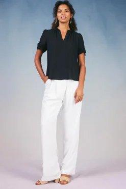 Current Air Short Sleeve Tops-Ruffled Trim Blouse BLACK