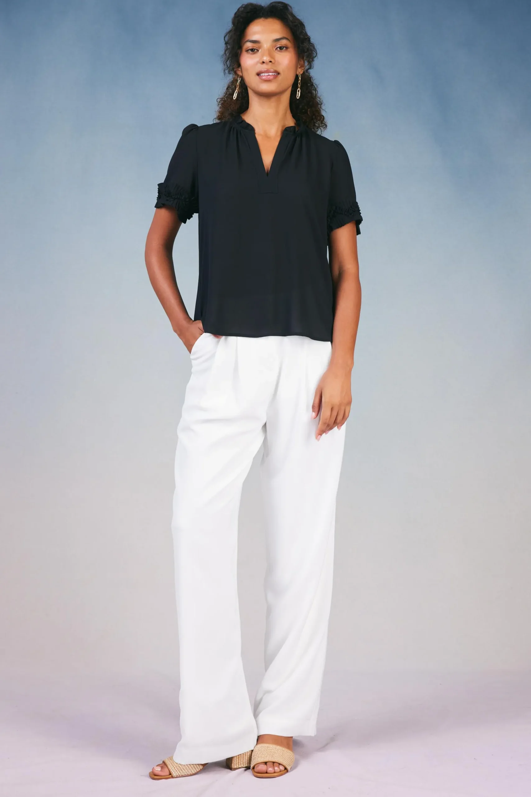 Current Air Short Sleeve Tops-Ruffled Trim Blouse BLACK