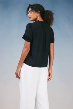 Current Air Short Sleeve Tops-Ruffled Trim Blouse BLACK