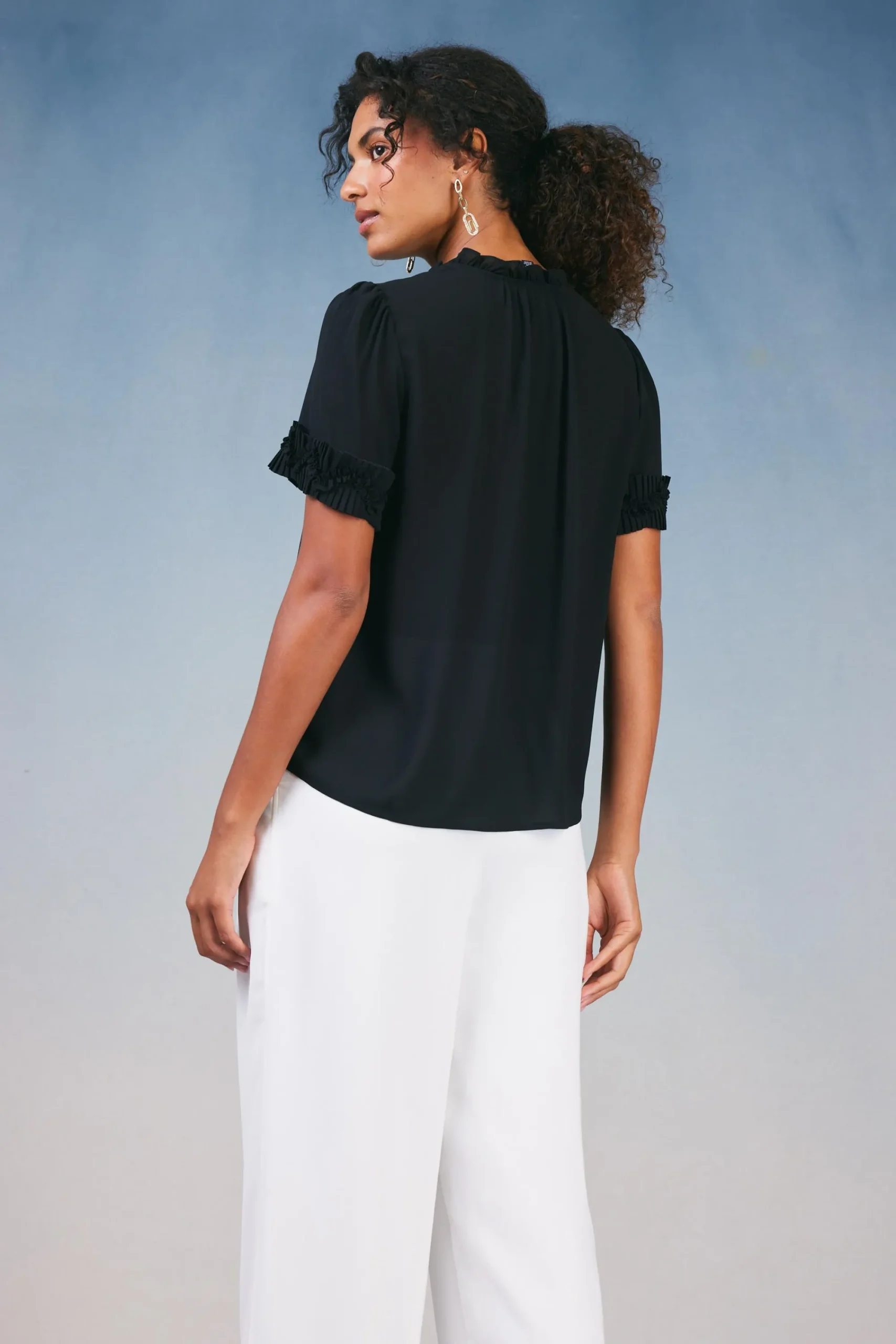 Current Air Short Sleeve Tops-Ruffled Trim Blouse BLACK