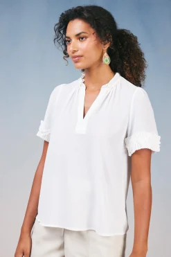 Current Air Short Sleeve Tops-Ruffled Trim Blouse WHITE