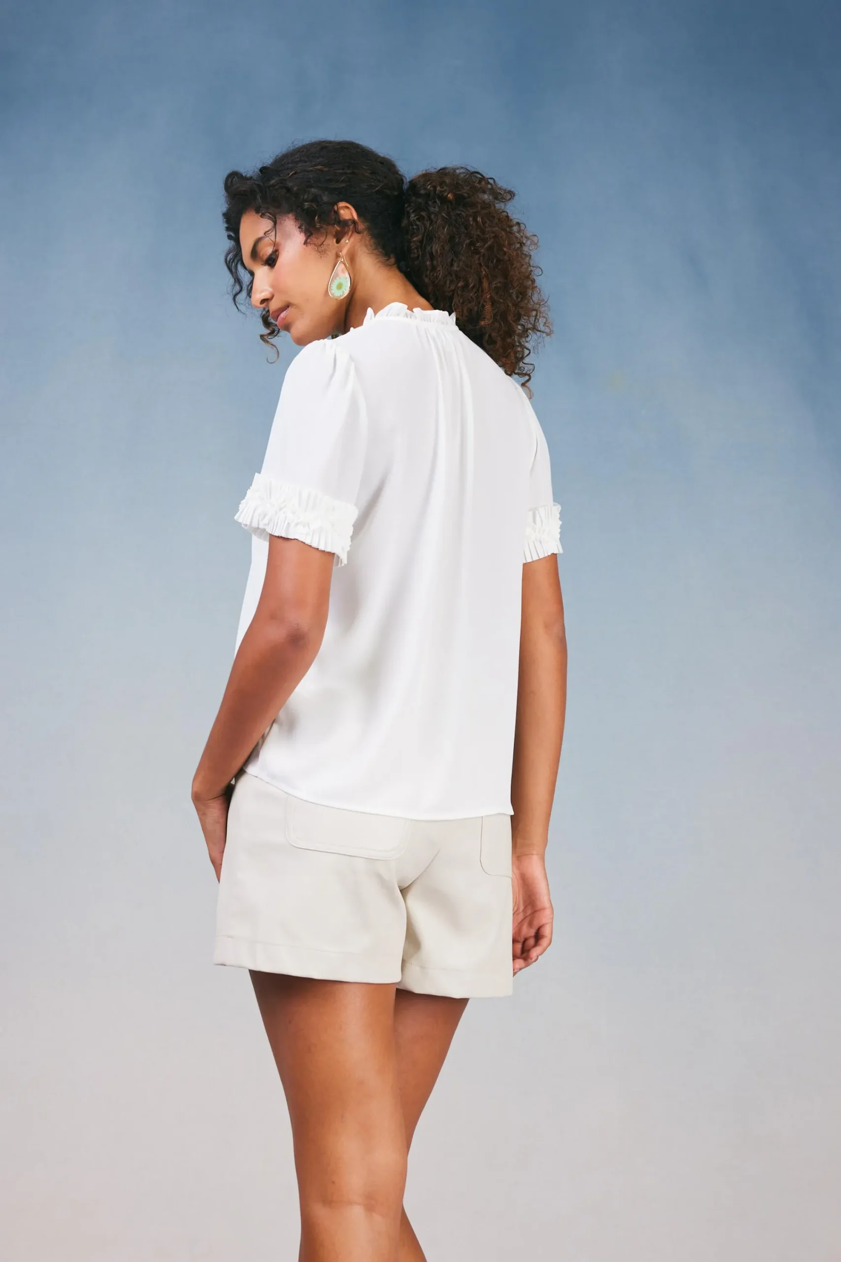 Current Air Short Sleeve Tops-Ruffled Trim Blouse WHITE