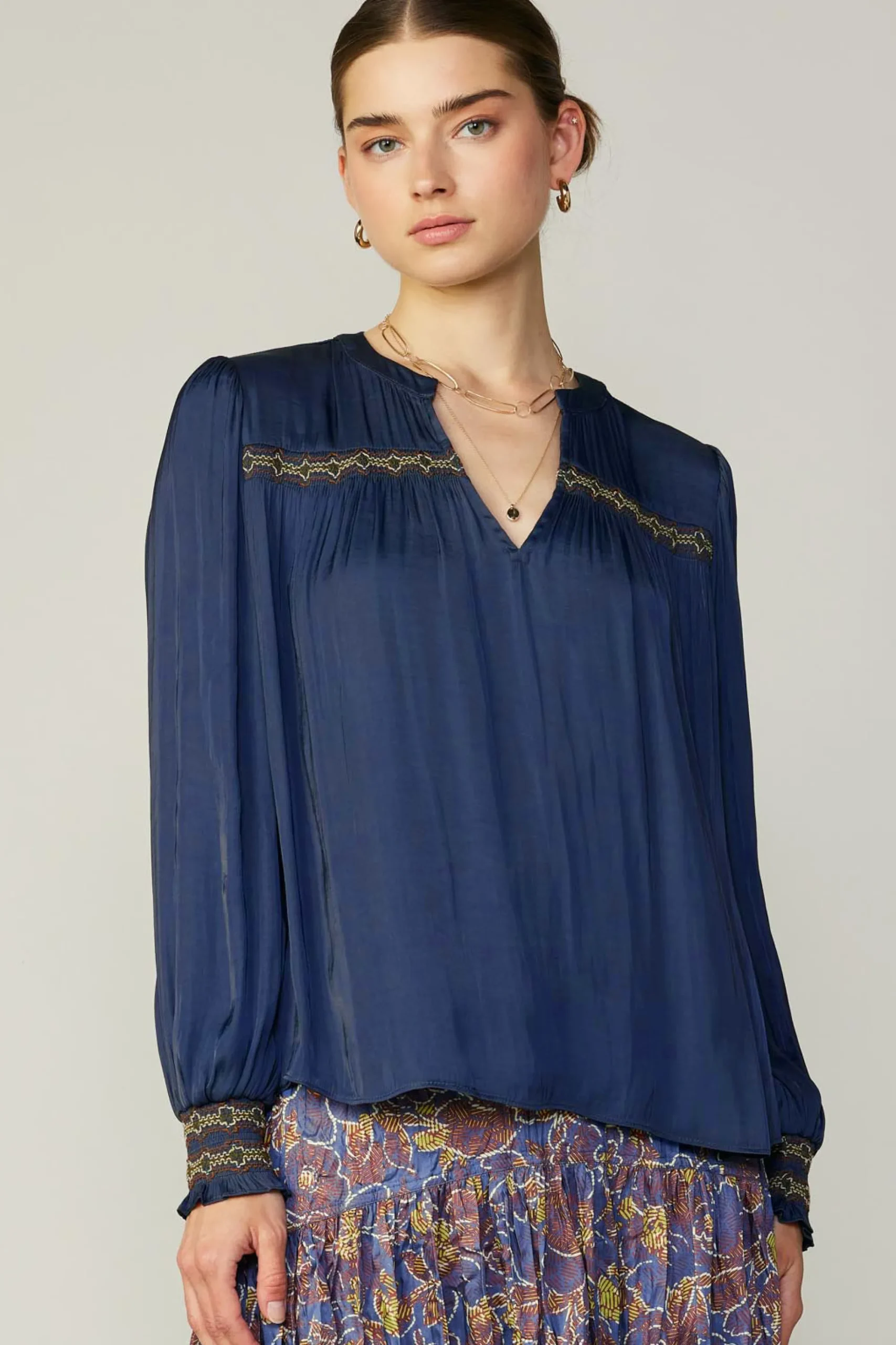 Current Air Long Sleeve Tops-Santa Fe Embroidered Blouse NAVY