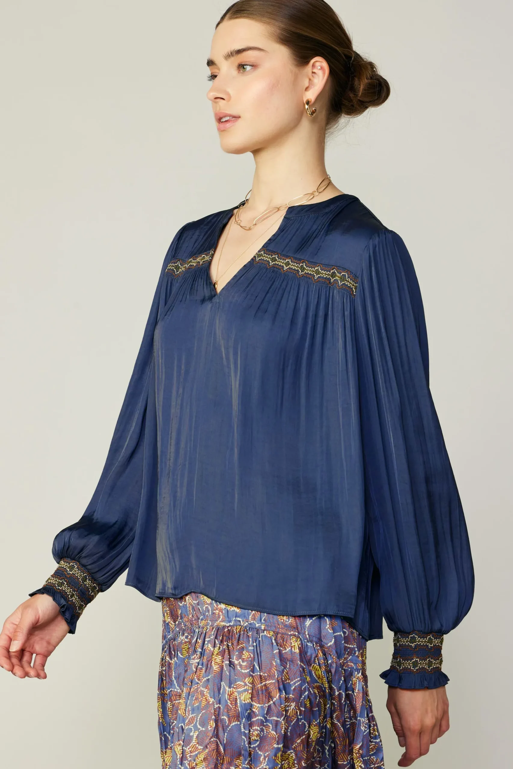Current Air Long Sleeve Tops-Santa Fe Embroidered Blouse NAVY