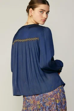 Current Air Long Sleeve Tops-Santa Fe Embroidered Blouse NAVY