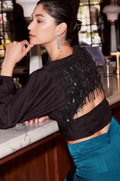 Current Air Long Sleeve Tops-Sequin Back Cutout Top BLACK