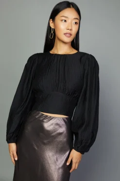 Current Air Long Sleeve Tops-Sequin Back Cutout Top BLACK