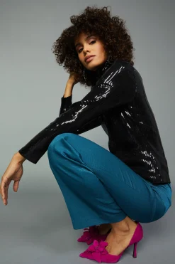 Current Air Long Sleeve Tops-Sequin Turtleneck Top BLACK