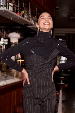 Current Air Long Sleeve Tops-Sequin Turtleneck Top BLACK