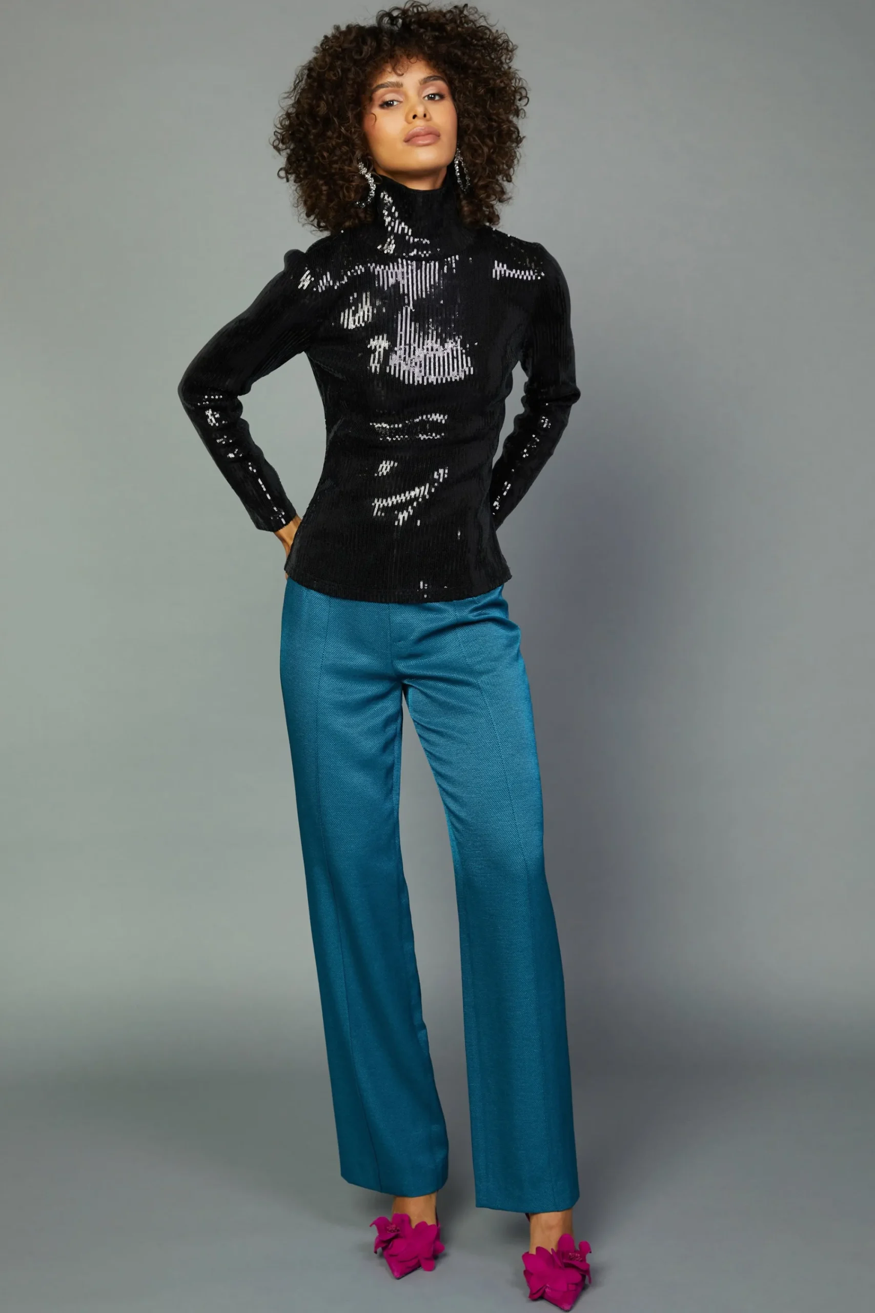 Current Air Long Sleeve Tops-Sequin Turtleneck Top BLACK