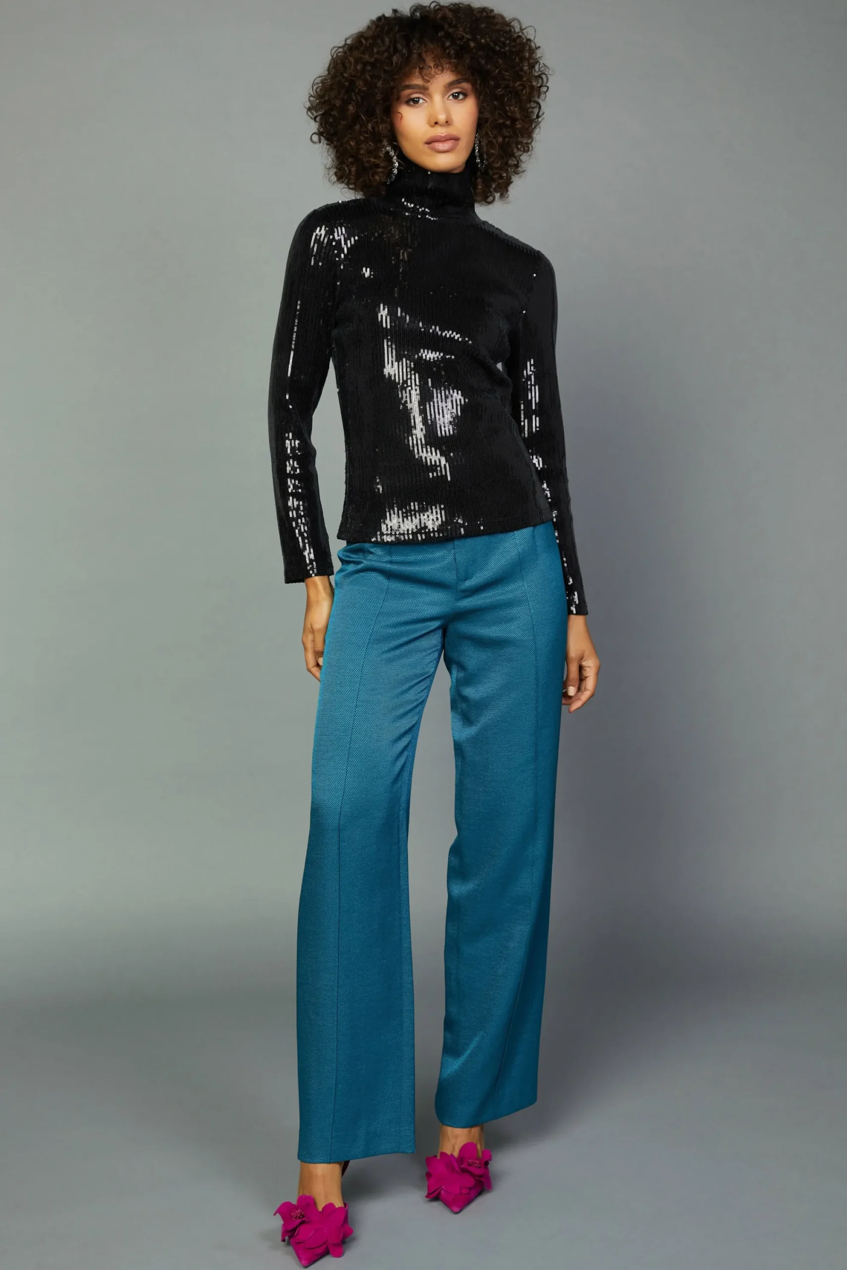 Current Air Long Sleeve Tops-Sequin Turtleneck Top BLACK