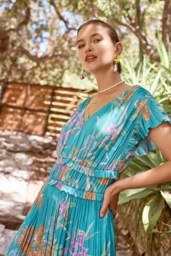 Current Air Midi Dresses-Sereia Botanical Motif Midi Dress TEAL