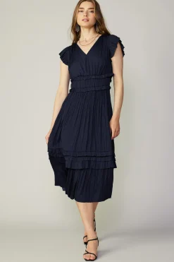 Current Air Midi Dresses-Sereia Pleated Midi Dress DARKNAVY