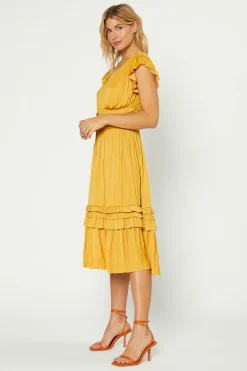 Current Air Midi Dresses-Sereia Pleated Midi Dress MARIGOLD