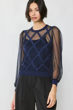 Current Air Long Sleeve Tops | Sweaters-Sheer Crosshatch Cami-lined Top NAVY