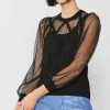 Current Air Long Sleeve Tops | Sweaters-Sheer Crosshatch Cami-lined Top BLACK