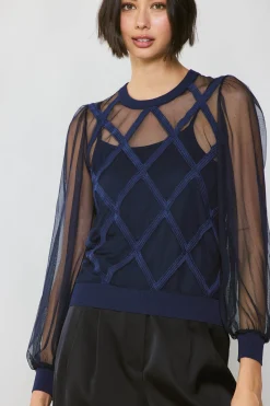 Current Air Long Sleeve Tops | Sweaters-Sheer Crosshatch Cami-lined Top NAVY