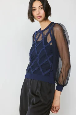 Current Air Long Sleeve Tops | Sweaters-Sheer Crosshatch Cami-lined Top NAVY