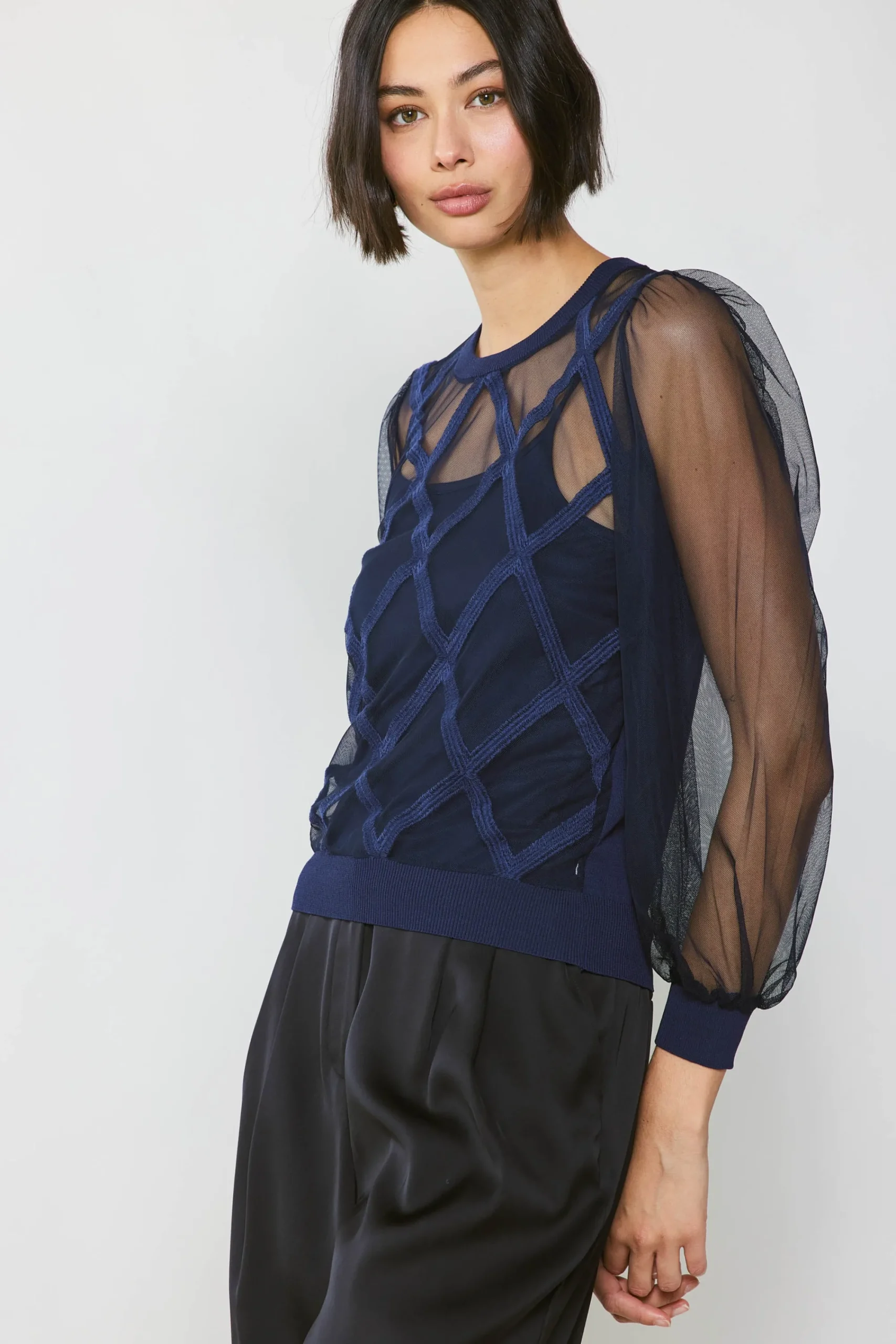 Current Air Long Sleeve Tops | Sweaters-Sheer Crosshatch Cami-lined Top NAVY