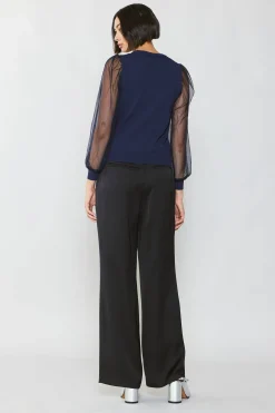 Current Air Long Sleeve Tops | Sweaters-Sheer Crosshatch Cami-lined Top NAVY
