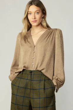 Current Air Long Sleeve Tops-Shirred Jacquard Blouse BRONZE