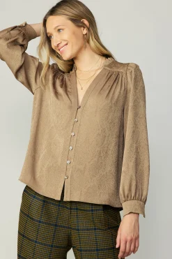 Current Air Long Sleeve Tops-Shirred Jacquard Blouse BRONZE