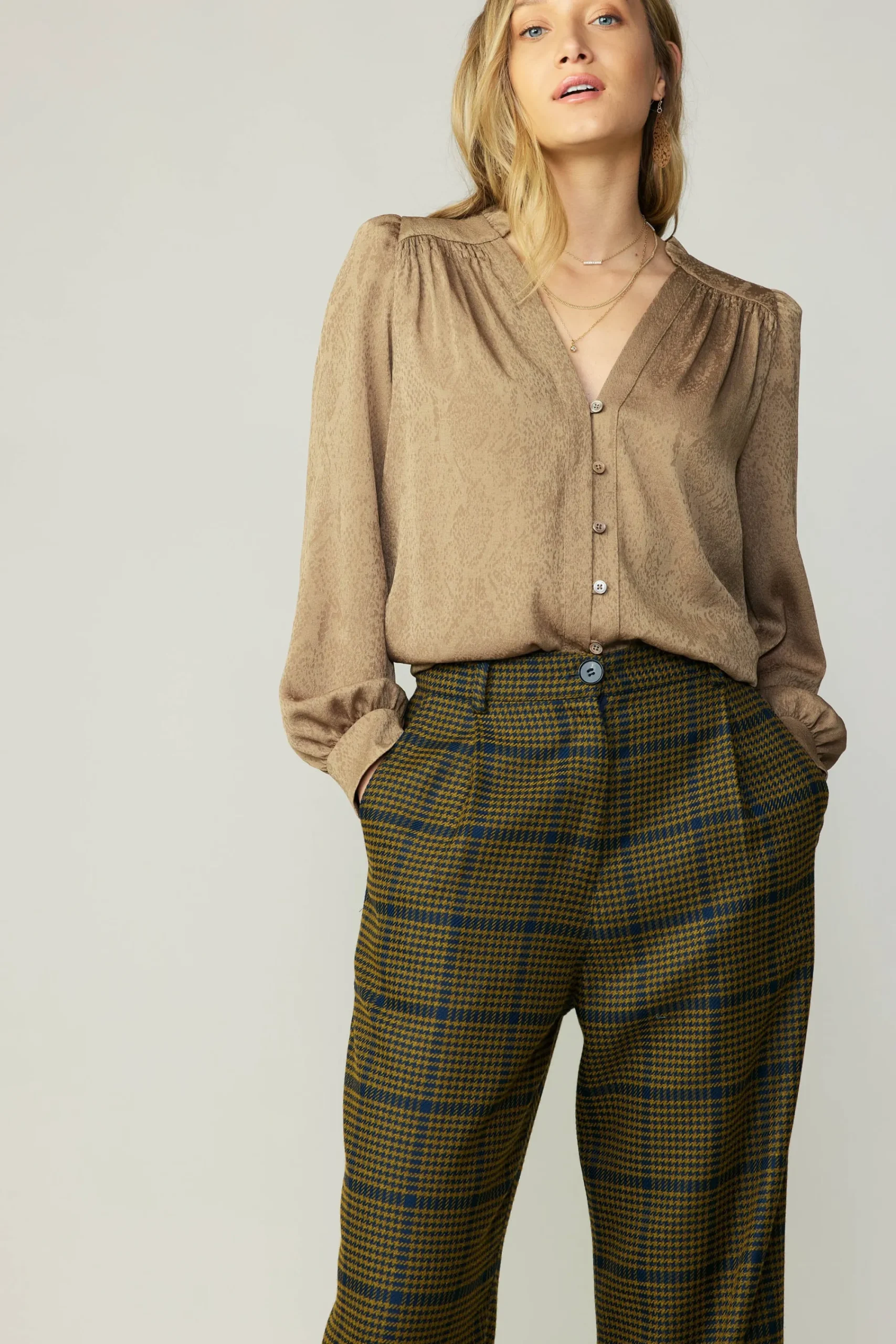 Current Air Long Sleeve Tops-Shirred Jacquard Blouse BRONZE