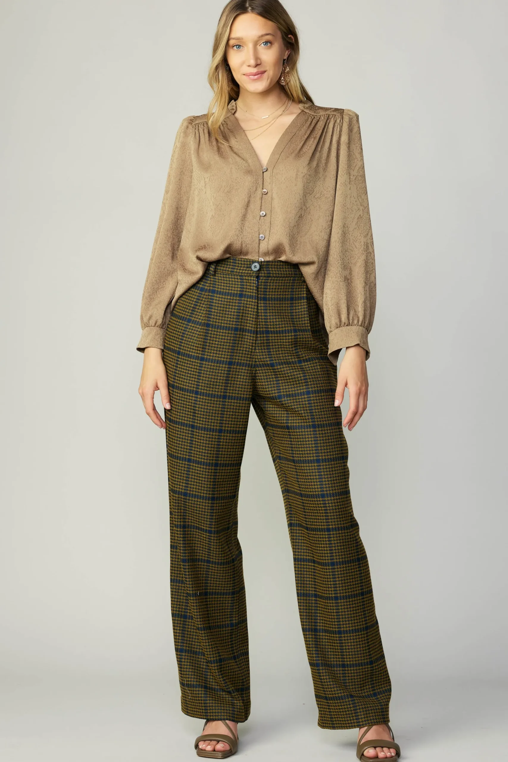 Current Air Long Sleeve Tops-Shirred Jacquard Blouse BRONZE