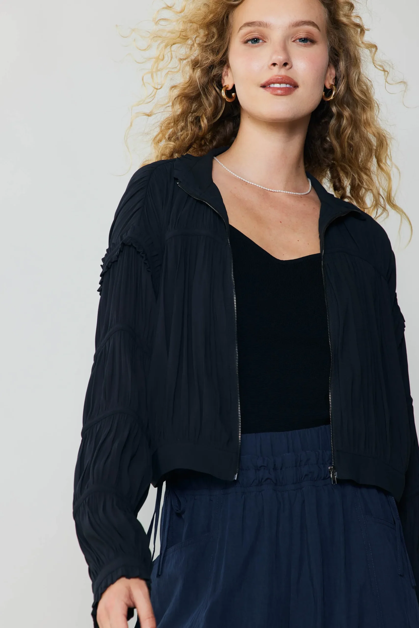 Current Air Coats & Jackets-Shirred Sleeve Jacket BLACK