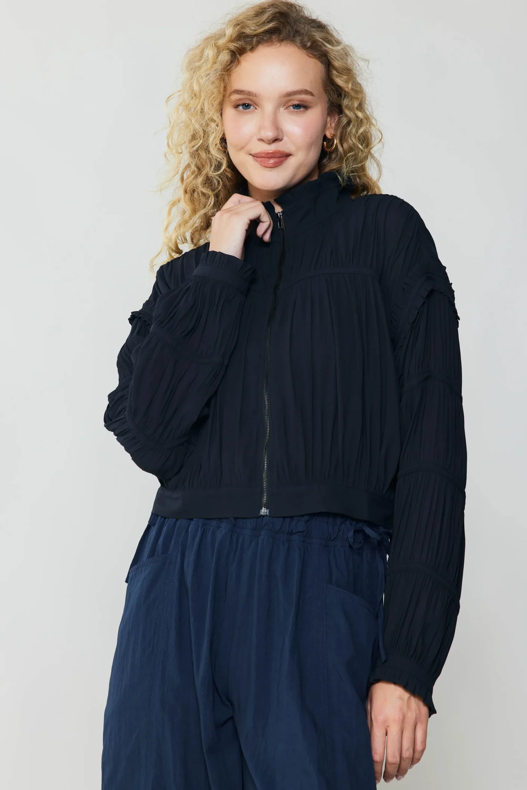Current Air Coats & Jackets-Shirred Sleeve Jacket BLACK
