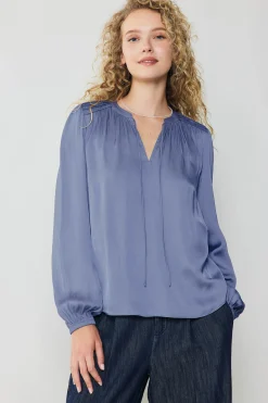 Current Air Long Sleeve Tops-Shirred Yoke Blouse FLORENTINEBLUE
