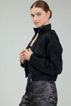 Current Air Coats & Jackets-Shirred Zip Up Jacket BLACK