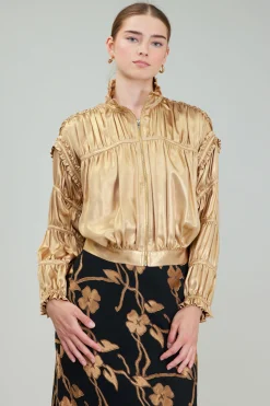 Current Air Coats & Jackets-Shirred Zip Up Jacket GOLD