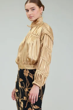 Current Air Coats & Jackets-Shirred Zip Up Jacket GOLD