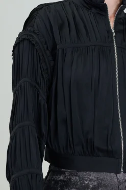 Current Air Coats & Jackets-Shirred Zip Up Jacket BLACK